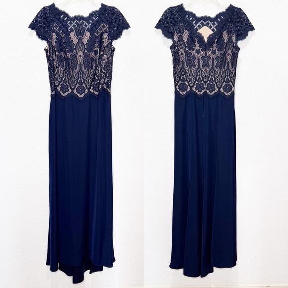 Tadashi Shoji Lace Crepe A-Line Sheath Maxi Dress Gown Navy - Picture 4 of 16